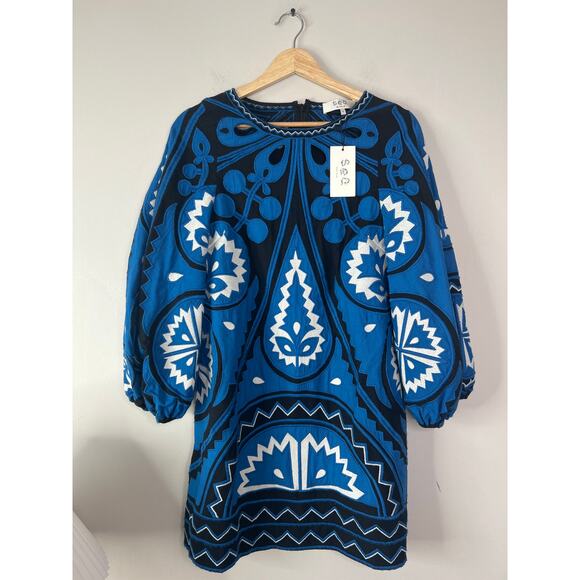 NWT Sea New York Gael Embroidered Appliquéd Cotton-Bend Zip Mini Dress Blue - Picture 2 of 7